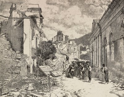 Bland ruinerna efter jordbävningen i Balliazzi badort, Italien av Unknown artist