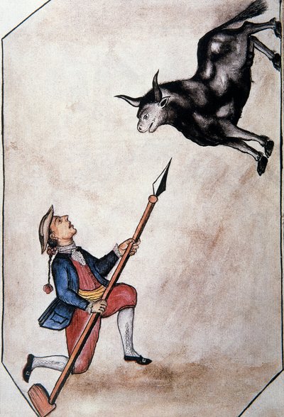 En indian som pekar från sitt spjut till en tjur, från boken "Trujillo of Peru" eller "Codex Martinez Companion", av Baltazar Martinez Companion och Bujanda, biskop av Trujillo (1782-1785) av Unknown artist