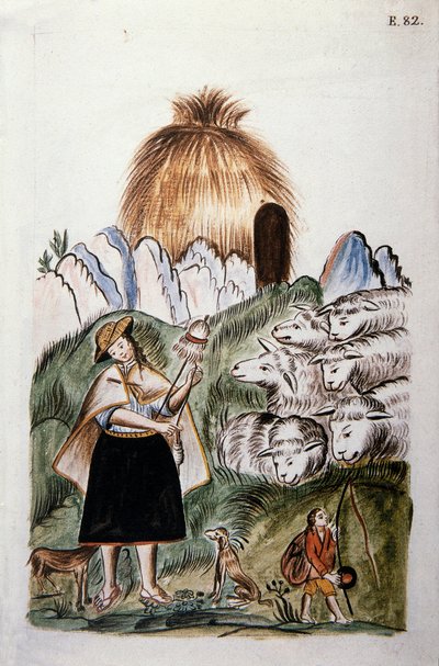 En indisk herdinna nära sin hydda med sin flock, från boken "Trujillo del Peru" eller "Codex Martinez Companion", av Baltazar Martinez Companion och Bujanda, biskop av Trujillo (1782-1785) av Unknown artist