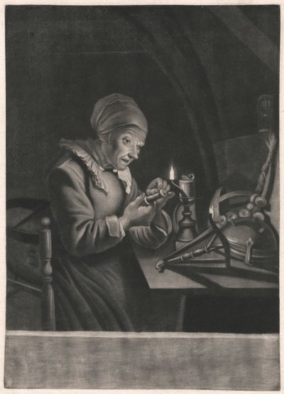En gammal kvinna reparerar hennes spinnhjul av Unknown artist