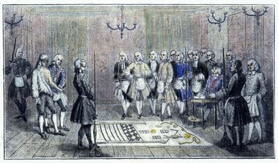 En lärlingsloge i Paris, cirka 1740: denna scen skildrar mottagandet av en "lärling"" frimurare (på golvet målningen av lärlingslogen) - enligt en gravyr från tiden. av Unknown artist