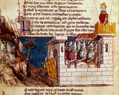 En armé (från kungen av Pamplona?) tar sin tillflykt till ett slott och klättrar upp på miniatyrbron Levis från "" Entrree of Spain"". 1300-talets Venedig, Biblioteca Marciana. av Unknown artist