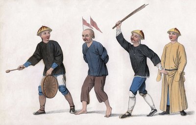 Åtal tas till domstol. För att fånga allmänhetens uppmärksamhet fästs röda flaggor på hans huvud och en man ringer med gongongen. Gravyr, i "The Punishments of the Chinese", London av Unknown artist