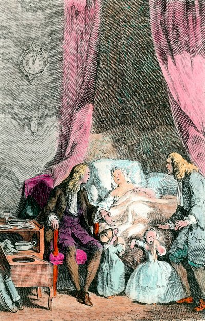 En observatörsläkare En kvinna som är sjuk eller redan död är omgiven av sin familj och läkaren. Barnen gråter. Gravyr omkring 1780. Paris, Medicinska Akademien av Unknown artist
