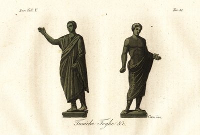 Forntida etruskiska statyer som visar män som bär toga, tunika, calzari (skor), etc. av Unknown artist