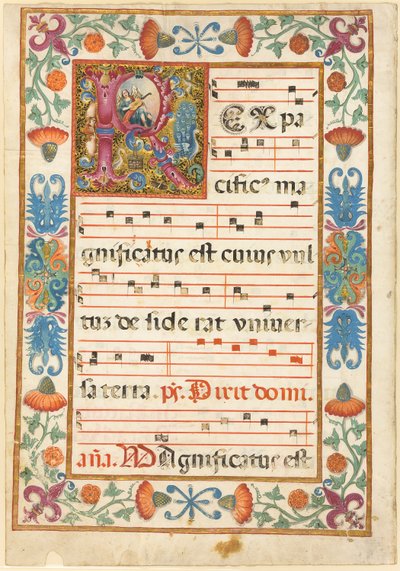 Ängel som spelar ett instrument i en dekorerad initial "R" med flora, fauna och grotesker, från en antifonal av Unknown artist