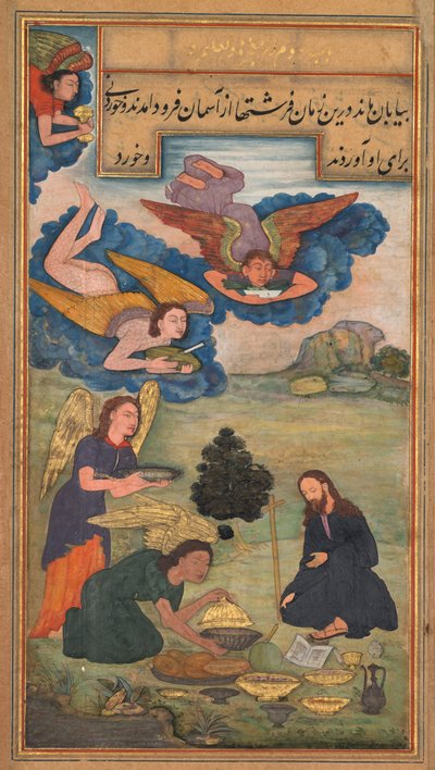 Änglar ger mat till Jesus i öknen, från en spegel av helighet (Mir’at al-quds) av fader Jerome Xavier av Unknown artist
