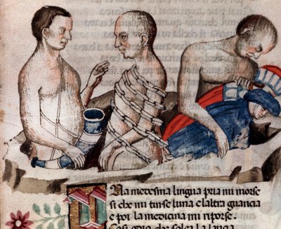 Jätten Antaeus sänker Dante och Vergilius på den frusna marken i cirkeln av förräderi (sång 31 från helvetet, i den gudomliga komedin) - miniatyr 1400-talet av Unknown artist