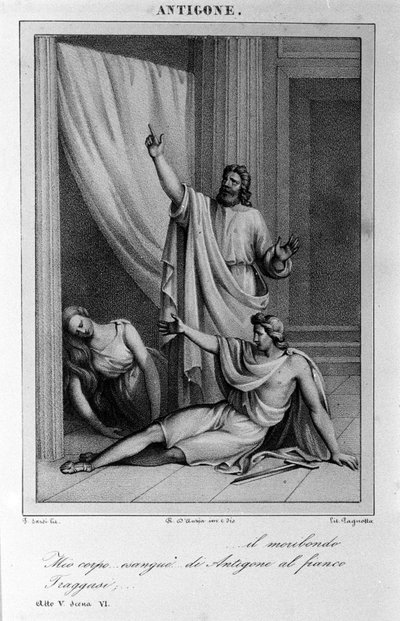Antigone Akt 5, scen 6. Italiensk tragedi av Vittorio Alfieri skriven 1783 efter grekisk mytologi. Gravyr av 1700-talet. av Unknown artist