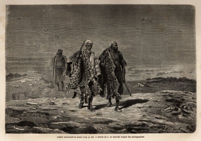 Arabiska beduiner, panterskinns- och fårullshandlare, på väg till Bagdads marsch (Irak). Gravyr för att illustrera resan till Babylon, 1866, av Guillaume Lejean, i "Le tour du monde, nouveau journal des voyages"" publicerad under den förfärliga av Unknown artist