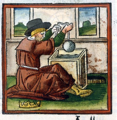 Arkimedes bestämmer vikten av Hierons krona genom nedsänkning i vatten (erfarenhet av push) - gravyr av Unknown artist