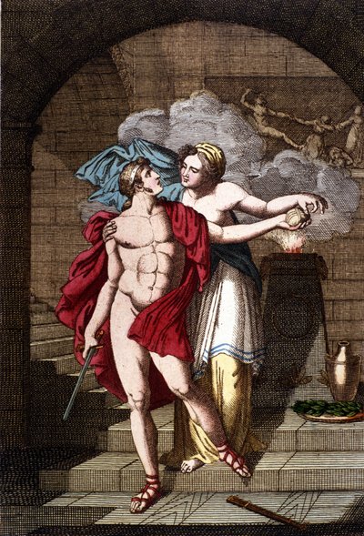 Arianne ger Theseus tråden så att han kan ta sig ur labyrinten - i Dizionario mitologico av Unknown artist