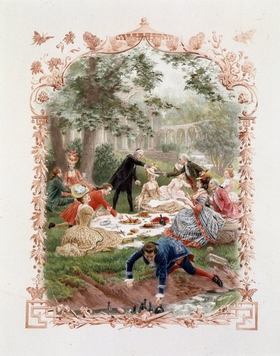 Aristokratpicknick i trädgårdarna på slottet i Versailles av Unknown artist