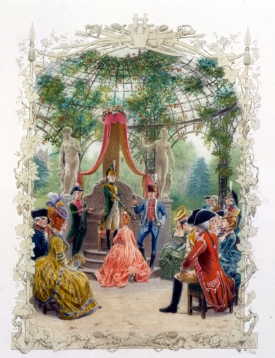 Aristokratisk ceremoni i en trädgård (Versailles slott?) i "" En kvalitetskvinna under det senaste århundradet"" 1778 av Unknown artist