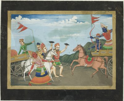 Arjuna dräper Karna, sida från en Mahabharata-serie av Unknown artist
