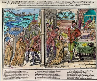 Mordet på kungen av Frankrike Henri III (1551-1589) av Jacques Clement (1567-1589), en dominikansk religiös anhängare av katolska förbundet, den 1 augusti av Unknown artist