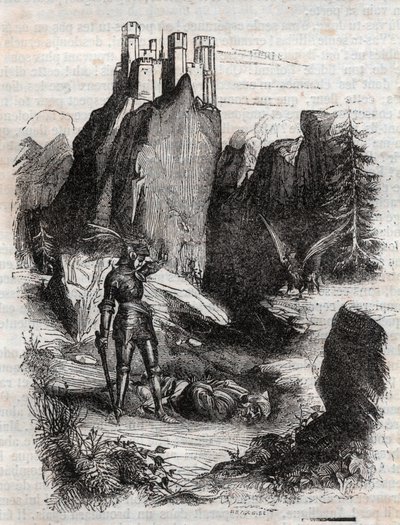 Atlant besegrad av Bradamante - gravyr från 1851 från "" Furious Roland"" av Unknown artist