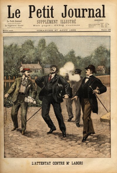 Attacken mot Fernand Labori (1860-1917), en advokat i Alfred Dreyfus (1859-1935) försvar, slog med en kula i ryggen i Rennes när han var på väg till platsen där målet avgjordes. Gravyr i "" Le petit journal"" 1899-08-27. Selva Coll av Unknown artist