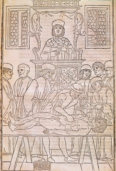 Obduktion. Codice. Kroppen av en död man dissekerar av läkare för en anatomistudie. “” Fasciculus Medicinae””. Codex för en doktors fascikel av Johannes Kethan av Unknown artist