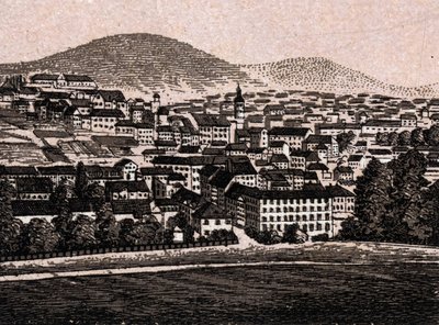 Baden Baden (Baden-Baden), Tyskland: utsikt över staden (allmän vy). i "" Världen illustrerar 168 vyer"" Odaterat (slutet av 1800-talet) av Unknown artist