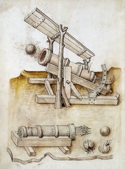 Kulpistol och pilpistol - Manuskript: pergamentark av en ingenjörsmanual för konstruktion av civila, religiösa och militära byggnader, anonym, sent 1400-tal (figur med kinesiskt bläck) av Unknown artist