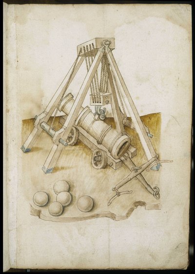 Kulpistol och hiss - Manuskript: pergamentark av en ingenjörsmanual för konstruktion av civila, religiösa och militära byggnader, anonym, sent 1400-tal (figur med kinesiskt bläck) av Unknown artist