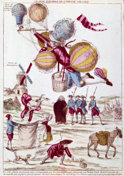 Ballongflygning: en brorson, orolig för att inte få nyheter från sin farbror på en ballongresa, gör allt för att nå honom och lyfter alla ballonger som byggts (Lyon, Champs de mars, La Muette, Versailles) för att flyga över Paris. Satirisk gravyr på ballon av Unknown artist