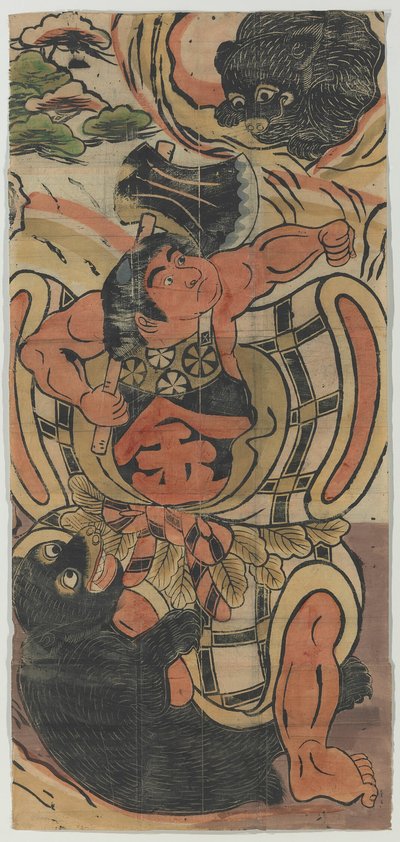 Banderoll föreställande Kintaro som kämpar mot björnar av Unknown artist