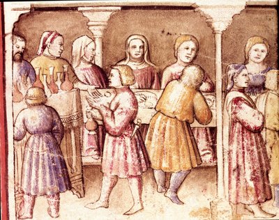 Bankettscen i en rik herrgård i Padua Miniature från codex 212 (eller padovano codex eller Bible of Padua) 1390-1400 Rovigo, Accademia dei Concordi av Unknown artist