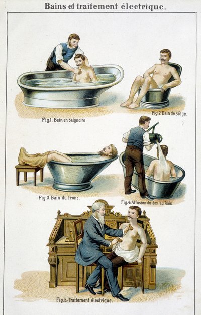 Badkar och elbehandling: 1) Badkar, 2) Sittbadkar, 3) Trunkbad, 4) Tillbaka till bad, 5) Elbehandling - i "Bilz, Natural Medicine", sent 1800-tal av Unknown artist