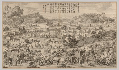 Slaget vid Tunggushi Luke: från Battle Scenes of the Quelling of the Rebellions in the Western Regions, med kejserliga dikter av Unknown artist