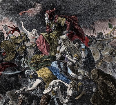 Slaget vid Catalaunique Fields, där romarna, frankerna och västgoterna återförenades satte attilas huns och östgoterna nära Troyes, gryning - barbariska invasioner - (Slaget vid de katalanska slätterna eller slaget vid Chalon eller slaget vid Maurica, ägde av Unknown artist