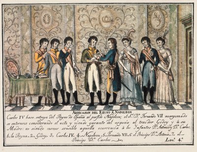 Bayonnes intervju 1808 efter upproret av Aranjuez, där kung Karl IV av Spanien abdikerade tronen till Napoleon I före hans son Ferdinand VII (Fernando VII) av Unknown artist