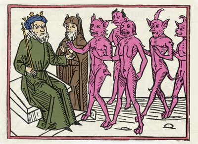 Belials rättegång: "Belial-demonen tillsammans med fyra andra demoner är närvarande för domaren Solomon" "Gravering från "The Belial-rättegången"" av Jacobus de Teramo (eller Palladino), Ausburg av Unknown artist