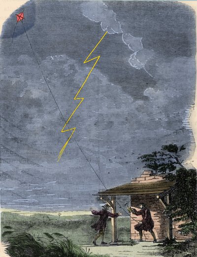 Benjamin Franklin, filosof, fysiker och amerikansk ambassadör, experimenterar med sin blixtledare monterad på en drake. september 1752. av Unknown artist