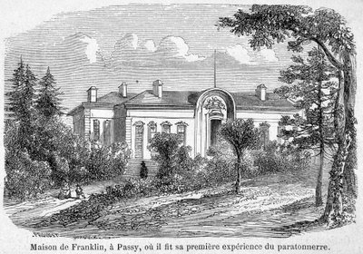 Benjamin Franklins hus i Passy, där han gjorde sin första erfarenhet av åskledare - gravering av Unknown artist