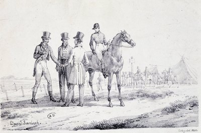 Satsa på kanten av kapplöpningsfältet med en jockey till häst - litografi, deb. 1800-talet av Unknown artist