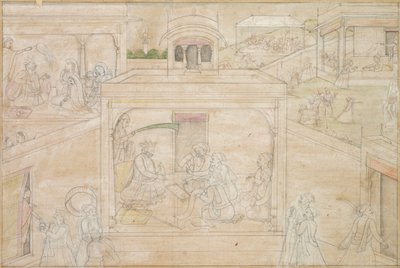 Bhimas konsultation med astrologen: Scen från Nala-Damayanti-teckningarna av Unknown artist