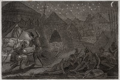Bibeln från Royaumont, Gamla testamentet: David räddar Saul. David har Saul i sina händer, men han gör honom inte illa. Han tar bara spjutet och sin kopp. Illustration från 1811. av Unknown artist