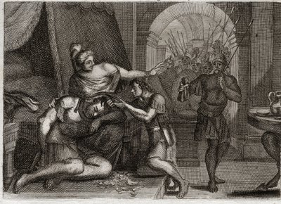 Bible of Royaumont, Gamla testamentet: Simsons död. Samson upptäcker Dalila att hennes styrka fanns i håret. Hon klipper hans hår och för in de filisteiska soldaterna i rummet. Illustration från 1811. av Unknown artist
