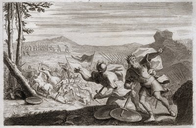 Bibeln från Royaumont, Gamla testamentet: Sauls nederlag. Sauls armé besegrades av filistéerna. Hans tre barn dödades där och efter att ha skadats svårt i strid tog han livet av sig. Illustration från 1811. av Unknown artist