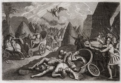 Bibeln från Royaumont, Gamla testamentet: Sanheribs nederlag. Gud besegrade Sanheribs (Sankerib) armé till förmån för kung Hesekia genom en ängel som dödade etthundraåttiofem tusen män på en natt. Illustration från 1811. av Unknown artist