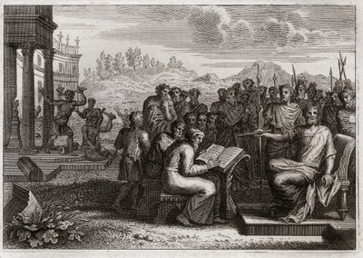 Bibeln från Royaumont, Gamla testamentet: Piete of Josias. Josia, kung av Juda, återupprättar tillbedjan av Gud i sitt rike och förpassar alla kungar sina föregångare i kraft. Illustration från 1811. av Unknown artist