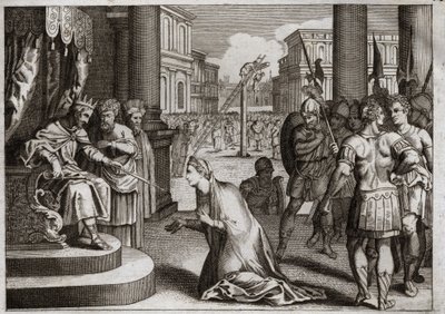 Bibeln från Royaumont, Gamla testamentet: Amans straff. Assuerus I (Xerxes I) hänger Aman (Haman) från galgen som han hade förberett för Mardochee (eller Mordekhai eller Mordokai), och drar tillbaka Dödsredigeringen som han hade publicerat i hela sitt rike av Unknown artist