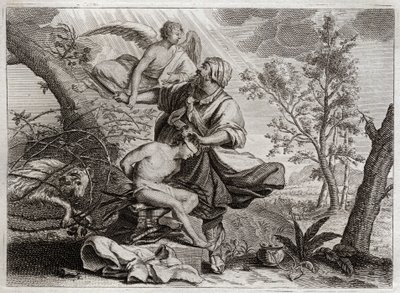 Bibeln från Royaumont, Gamla testamentet: Abrahams offer. En ängel håller Abrahams hand innan hans son Isaks offer. Till vänster kommer den belier Abraham att döda istället. Illustration från 1811. av Unknown artist
