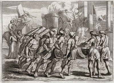 Bibeln från Royaumont, Gamla testamentet: Tagen från Jeriko. Jerikos murar faller till marken till ljudet av basunerna från de präster som föregick Herrens förbundsark. Illustration från 1811. av Unknown artist