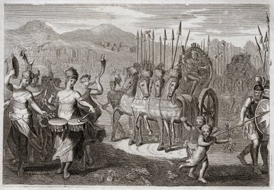 Bibeln från Royaumont, Gamla testamentet: Davids triumf. Efter att David besegrat jätten Goliat gick Israels kvinnor före honom för att hedra hans triumf, med jubel av glädje och ljudet av instrument. Illustration från 1811. av Unknown artist