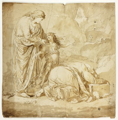 Biblisk scen med två kvinnor och ett barn i förgrunden av Unknown artist