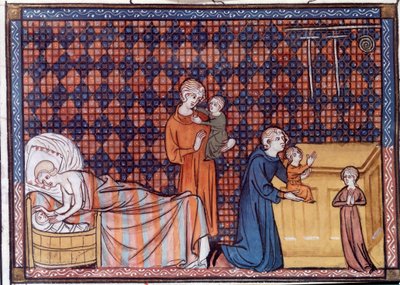 Födelse och utbildning av kungen av Frankrike Ludvig IX eller Saint Louis (1214-1270). Miniatyr från manuskriptet "Life and Miracles of Saint Louis" av William av Saint Pathus av Unknown artist