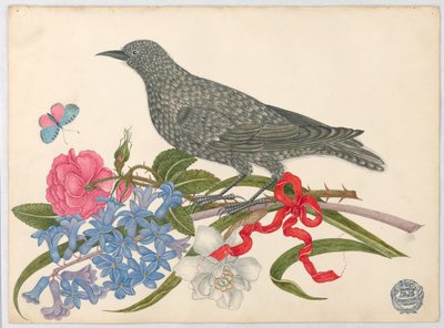 Svart fågel med blommor, fjäril och rött band av Unknown artist